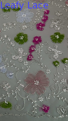 Leafy Beaded Embroidery Fabric Mesh Floral for Evening Party Dresses Design