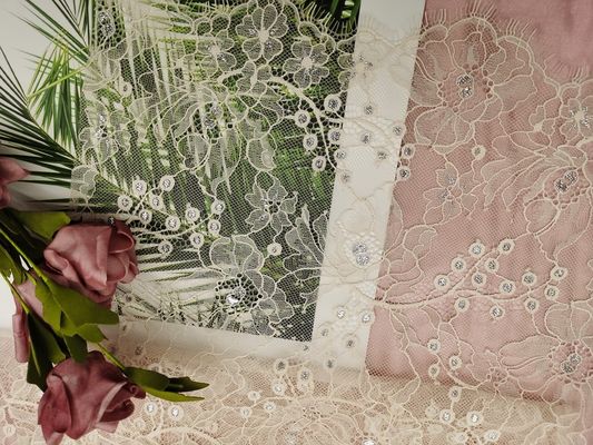 French Chantilly Orange Tulle Lurex Metallic Silver Lace Fabric