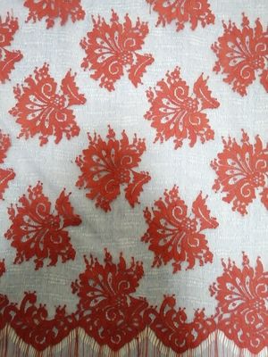 Red Eyelash Scallop Edge Floral Embroidered Mesh Fabric