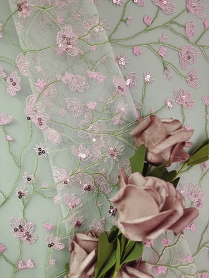Pink Flower Lace Fabric OEM Embroidery 3D Sequin Lace Fabric for Dress