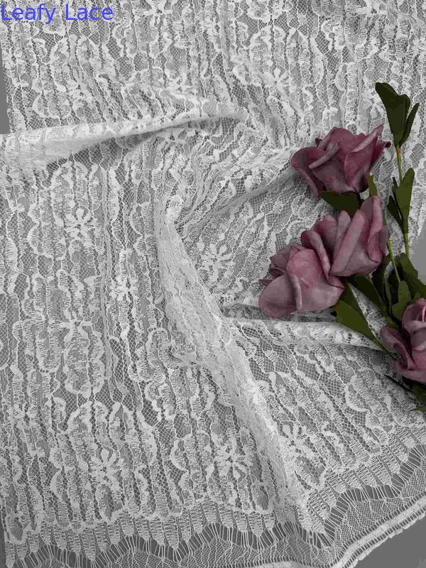 55 Inch White Floral Lace Fabric In Nylon Cotton Rayon Composition With Scallop Eyelash