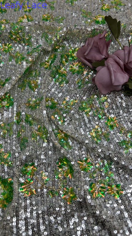 Green And White Sequin Embroidered Fabric Lace Fabric New Collections for Garments Gowns