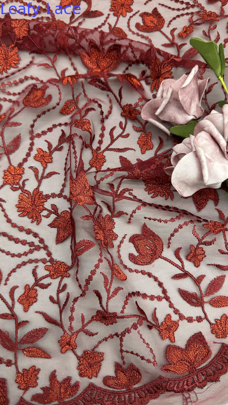 Red Embroidered Lace Fabric Leafy Mesh Ground for Party Dresses Clothing