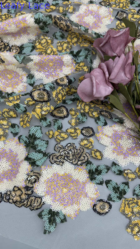 Sequin Flroal Embroideded Lace Fabric Elegant Mesh Customized New Collection Fabric