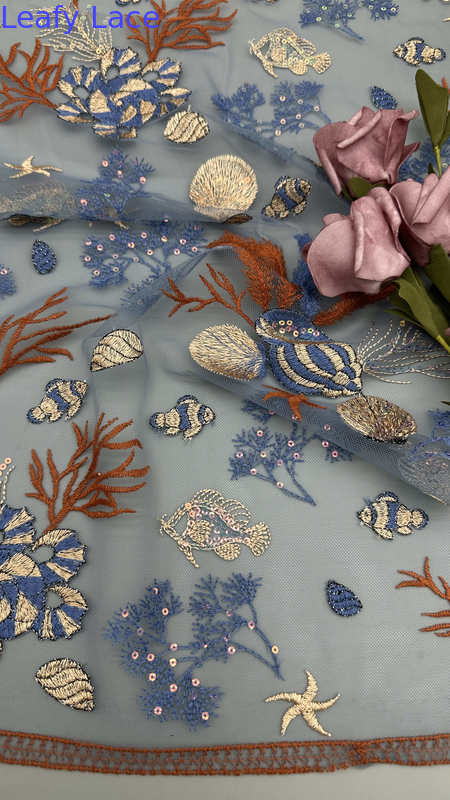 Sea Fish Embroideded Chinese Culture Luxary Mesh Funny Breathe Fabric For Party Gowns