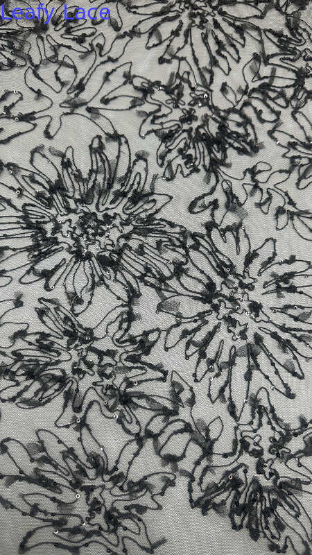 Black Mesh Sequin Embroidered Lace Fabric Breathe Embroiedered Special Design for Gowns