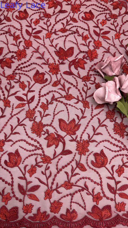 Red Embroidered Lace Fabric Mesh Customized Manufacturer For Dresses