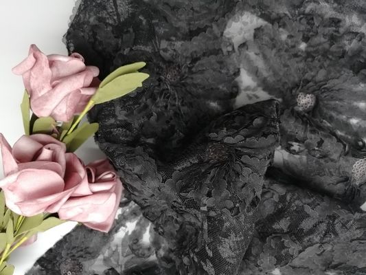 محفور التطريز حزب الدانتيل الأسود 3D الترتر زين النسيج