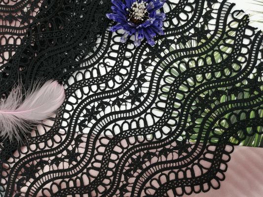 أسود 100 ٪ البوليستر الكيميائية الكروشيه الدانتيل النسيج والتطريز الثقيل