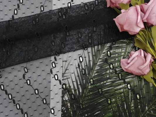 أسود بوليستر نقطة مطرزة شبكة نسيج الدانتيل العيينة نسيج شبكي