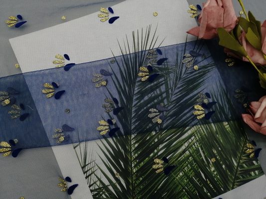أزرق ملكي لامع متجمع دانتيل لامع تول شبكي قماش مطبوع