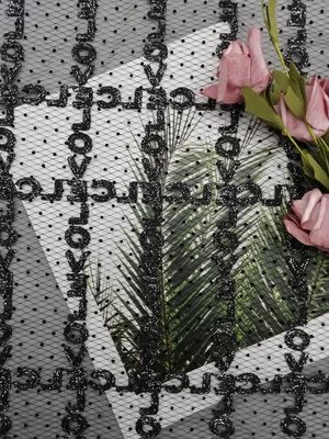 أسود متدفق لامع لوريكس تول مطرز أقمشة الدانتيل المعدني